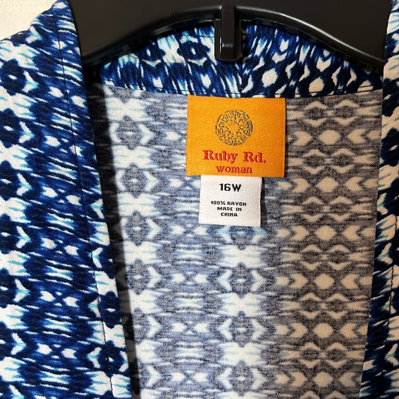 Ruby Road BOHO long vest / duster blue and white ethnic print, Women's 16W - Picture 5 of 12